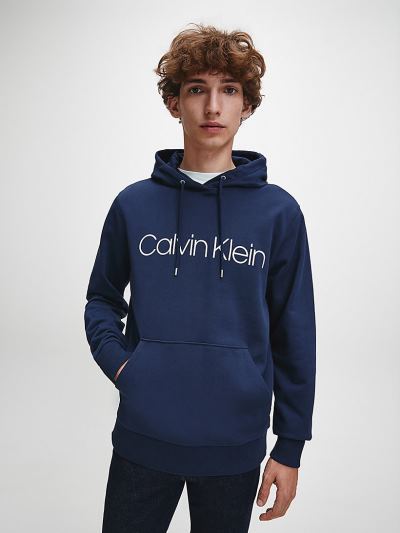 Calvin Klein Ruhák HU083229 | Calvin Klein Organic Cotton Logo Férfi Kapucnis Pulóver Sötétkék
